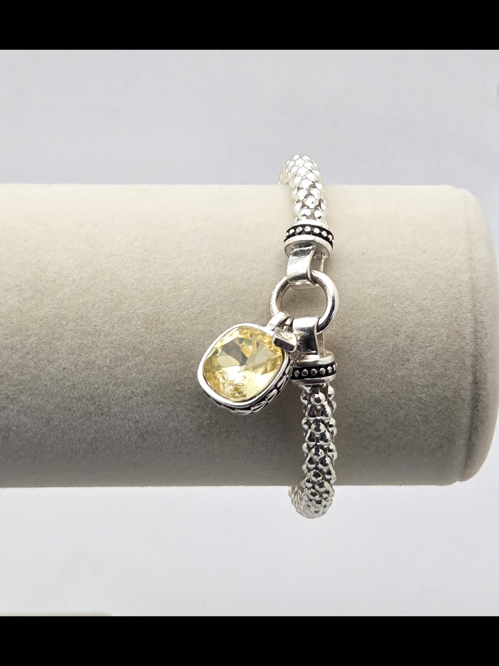 NINE WEST Silver Tone Popcorn Mesh Bracelet Yellow Cushion Cut Crystal Charm